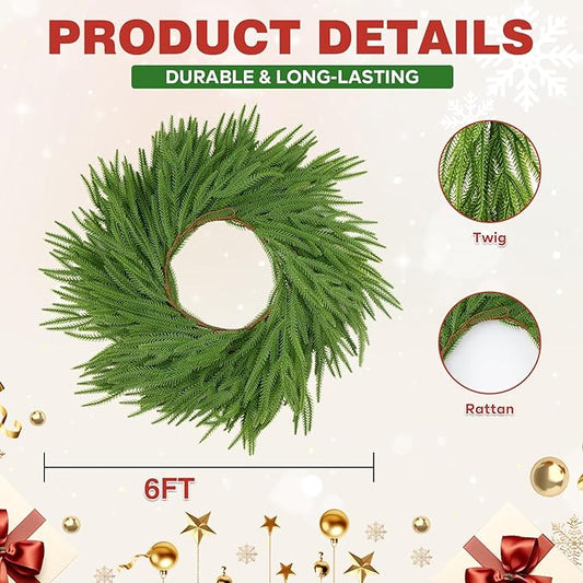 2PCS 6FT Norfolk Pine Garlands Realistic, Realistic Soft Wreath, Artificial Green Faux Cedar Pine Garland for Fireplace Mantle Indoor Outdoor Holiday Party Home Decor(2,6FT)
