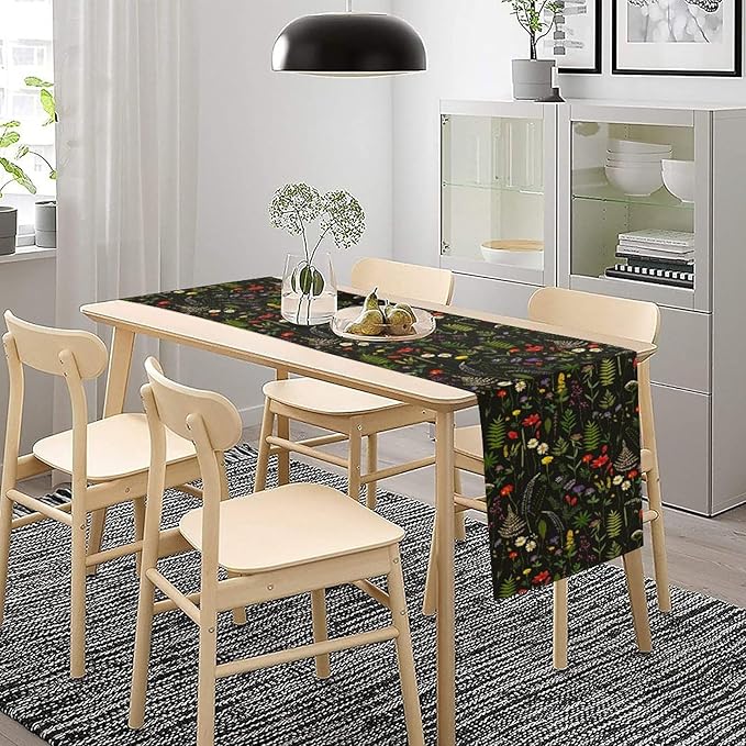 Rustic Field Table Runner, Vintage Farmhouse Natural Forest Wildflowers Plants Herb Print Kitchen Dining Table Decor Seasonal Home Decoration Indoor Outdoor Party, 13x90inch