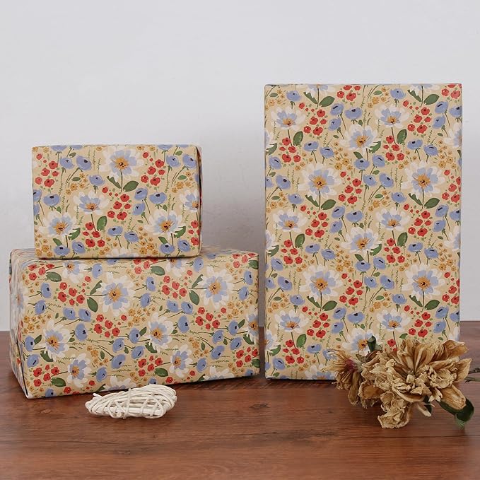 Aimyoo Watercolor Floral Kraft Wrapping Paper Roll, All Occasion Vintage Flower Gift Wrap for Wedding Birthday Bridal Shower, 17 inch x 60 ft