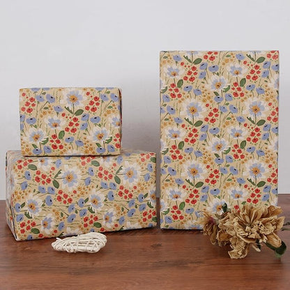 Aimyoo Watercolor Floral Kraft Wrapping Paper Roll, All Occasion Vintage Flower Gift Wrap for Wedding Birthday Bridal Shower, 17 inch x 60 ft