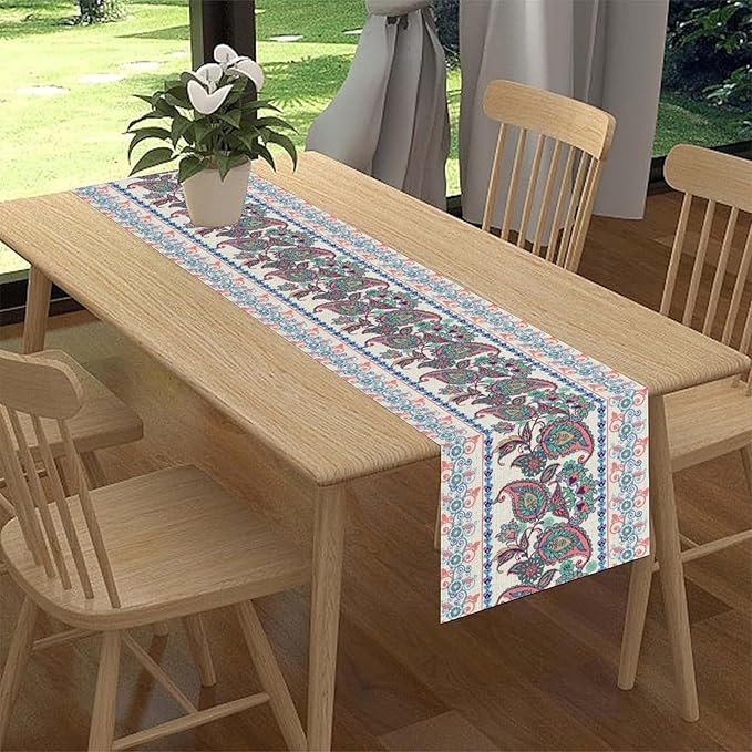 Vintage Paisley Table Runner, Rustic Pink White Paisley Floral Retro Boho Art Table Center Decor for Family Kitchen Farmhouse Holiday Party Table Decorations Indoor Outdoor 13x108 inch