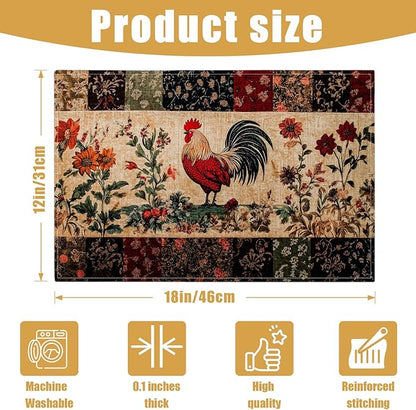 Rustic Rooster Placemats Set of 6, Flower Floral Linen Place Mat Washable Stain Resistant Table Mats for Farmhouse Kitchen Dining Holiday Party Wedding Decor 12x18 Inch