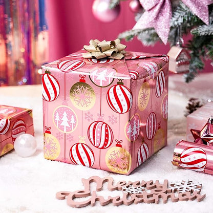 MAYPLUSS Christmas Wrapping Paper Roll - 17 Inch X 33 Feet - Pink Christmas Bell Tree Snowflake Star Reversible HO Gift Wrapping Paper, Thick Wrap Paper for Holiday Party New Year Kids