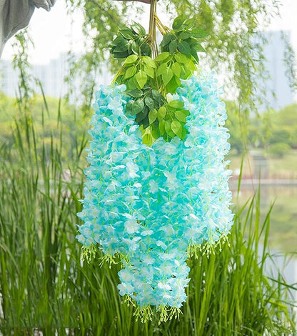 Artificial Wisteria Hanging Flowers-Fake Wisteria Flower Garland Silk Vines Rattan Decor for Home Wedding Arch Wall Garden Greenery Bedroom Outdoor Office Party Decoration(24, Blue)