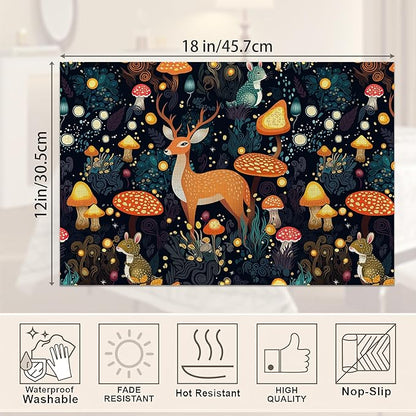 Fantasy Mushroom Forest Placemats Set of 6,Deer Bunny Place Mats Heat Resistant Washable Non-Slip Table Mats for Party Kitchen Dining Decor 12x18 Inch