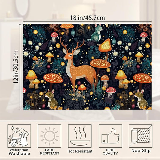 Fantasy Mushroom Forest Placemats Set of 6,Deer Bunny Place Mats Heat Resistant Washable Non-Slip Table Mats for Party Kitchen Dining Decor 12x18 Inch