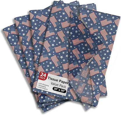 American Flag Printed Tissue Paper for Gift Bags or Boxes and Wrapping - Fourth of July Summer Bulk Decorative Art Tissue Paper for Packaging and Gifting | 24 Sheets 20" x 30"