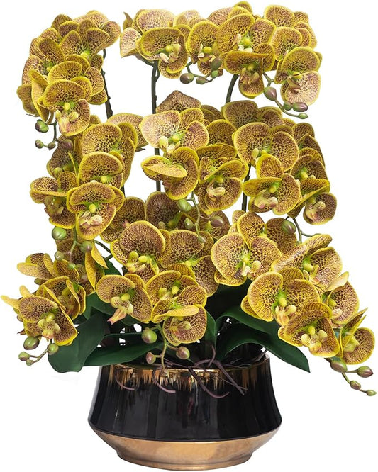 CXGS Orchids Artificial Flower Real Touch Faux Orchid in Large Ceramic Vase 23.6'' Realistic YellowSpots Fake Phalaenopsis Floral Arrangements Centerpiece Table Home Indoor Decor