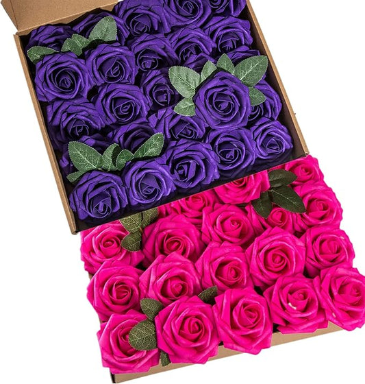 Hot Pink Foam Rose 50pcs Real Looking Fake Purple Rose with Stems Leaves for Home Decoration Party Garden Centerpieces DIY Wedding Bouquets（Hot Pink&Purple）