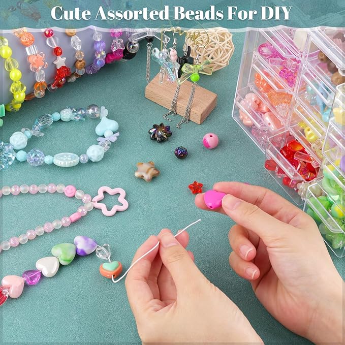 Assorted 210-270PCS Acrylic Beads for Bracelet Making, Flower Bow Candy Gummy Bear Kawaii Bracelet Charms,Cute Beads for Jewelry Making DIY Necklace Keychain Phone Charm Christmas Gift