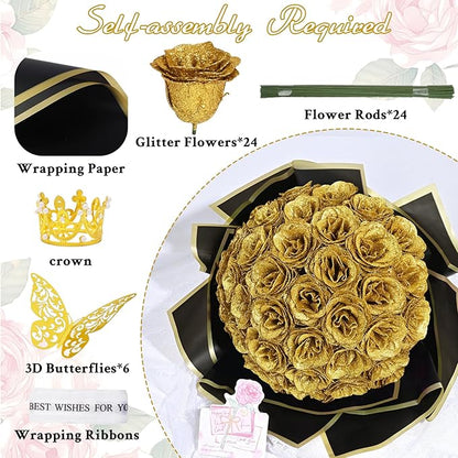 Waipfaru Glitter Roses Bouquet, DIY Fake Flowers Bouquet, Birthday Gifts for Women Mom, 24 Pcs Gold Rose for Grandma Wife Girlfriend Valentines, Mothers Day, Anniversary, Graduation