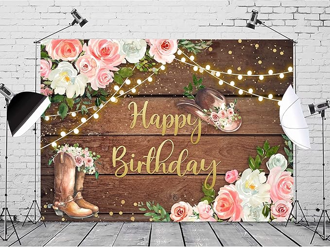 SVBright Cowgirl Birthday Backdrop for Woman 7Wx5H Western Rustic Country Wooden Plank Pink Flower Happy Birthday Baby Shower Wood Hat Retro Decoration Photography Background Banner Photo Booth Studio