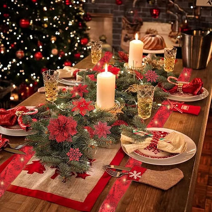 RECUTMS 9 Styles Christmas Red Glitter Artificial Poinsettia Flower Tree Ornaments with Ribbon Snowflake for Tree Wreaths Garland Floral Gift Winter Wedding Holiday Decoration(Red)