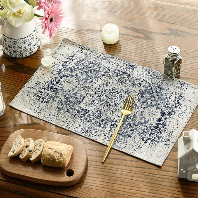 Placemats Set of 4 Vintage Boho Ethnic Carpet Place Mats Washable Table Dinner Mats Linen Table Mats for Kitchen Dining Party Home Kitchen Decor 12x18 Inch