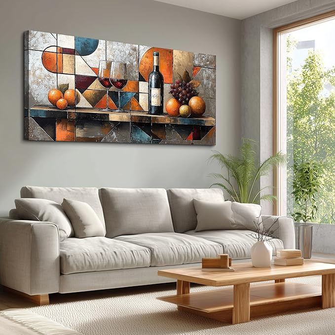hyidecorart Canvas Wall Art For Kitchen Wall Decor For Living Room Dining Room Decorations Wine Glass Fruit Painting Still Life Geometry Abstract Picture Artwork Pub Posters Home Decor 20"x40"