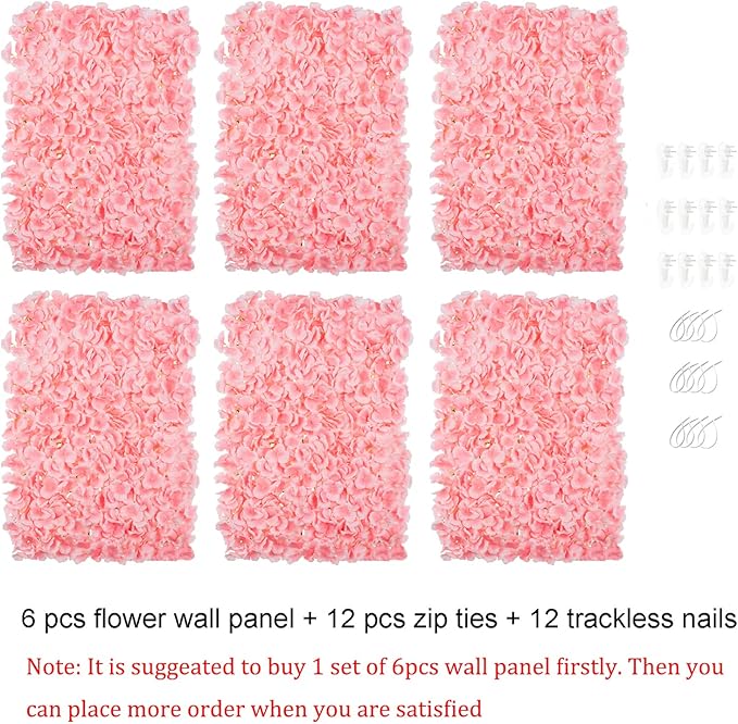 BLOSMON Flower Wall Panel Backdrop Decor Blush Artificial Floral Backdrop for Wedding Party Baby Bridal Shower, 6 Pcs Hanging 3D Fake Hydrangea Wall Decoration, Silk Faux Hydrangea Flower Backdrop
