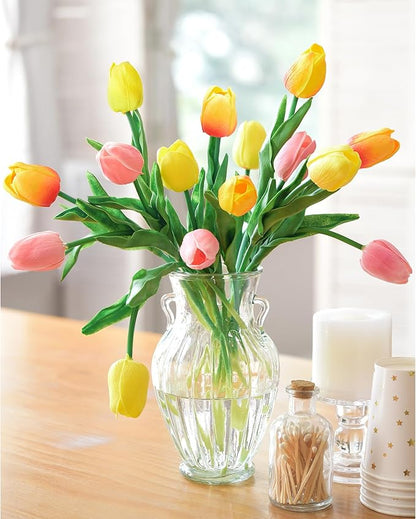FiveSeasonStuff 15 Stems Real Touch Artificial Tulips – Lifelike Faux Flowers for Home, Weddings, Gifts & Spring Floral Décor (Festive Bloom – Orange, Yellow, Pink)