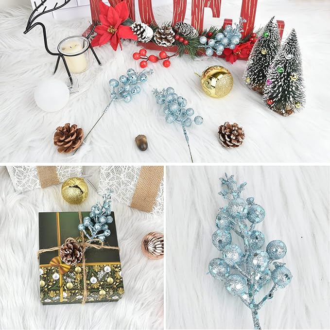 Red Berries, 14 Pack Artificial Berry Stems for Christmas Tree Decorations, Crafts, Holiday and Home Decor, 7.9 Inches (Light Blue)