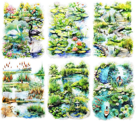 60Pcs Pond Scenery PET Stickers, Nature-Themed Scrapbooking Supplies for Journaling, DIY Crafts, Collage Decoration, and Card Making