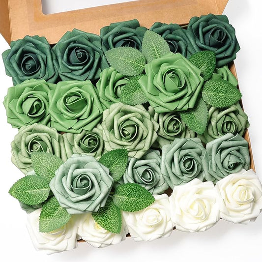 25pcs Artificial Flower，Real Looking Foam Roses w/Stem for DIY Wedding Bouquets Centerpieces Bridal Shower Party Decor-Shades of Army Green