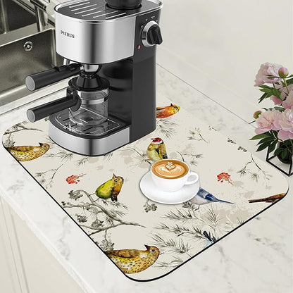 Cute Birds Coffee Mat Absorbent Dish Drying Mat for Kitchen Counter Hide Stain Rubber Backed Coffee Bar Accessories Fit Under Espresso Machine Cafe Table, 11.8 x 19.7 Inch