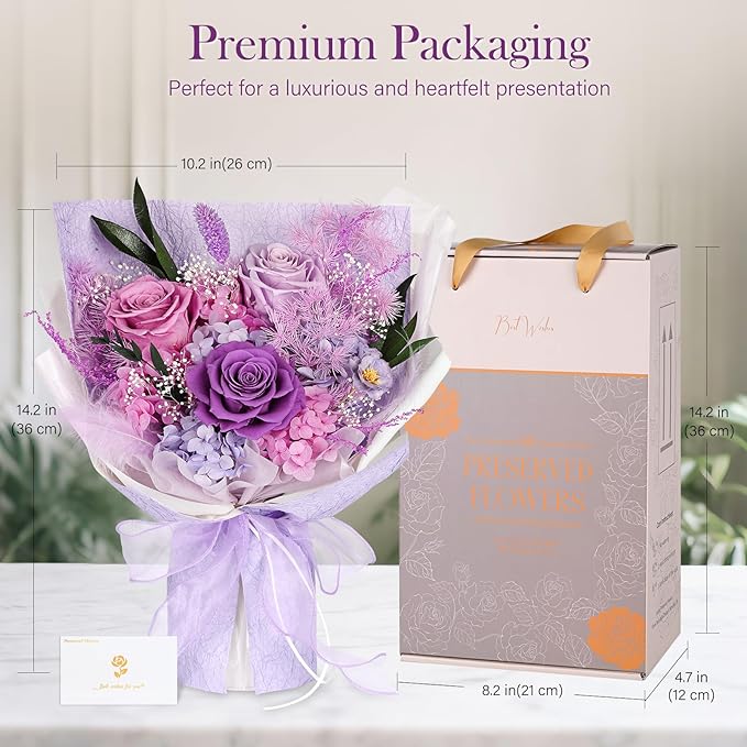 Preserved Bouquet of Flowers - 3 Roses & Flowers for Delivery, Long-Lasting Real Lavender Forever Flowers, Eternal Roses Bouquet for Mothers, Mom, Wife Anniversary Birthday Gifts for Women