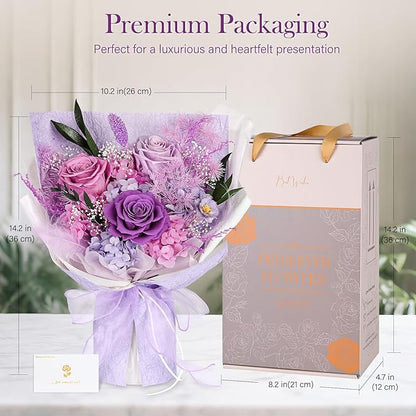 Preserved Bouquet of Flowers - 3 Roses & Flowers for Delivery, Long-Lasting Real Lavender Forever Flowers, Eternal Roses Bouquet for Mothers, Mom, Wife Anniversary Birthday Gifts for Women