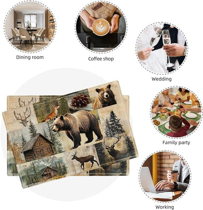 Rustic Bear Deer Fox Cabin Placemats Set of 6, Farmhouse Lodge Place Mats, Country Brown Bear Dining Table Mats, Washable Placemats for Kitchen Dining Room 18L'' × 12W''