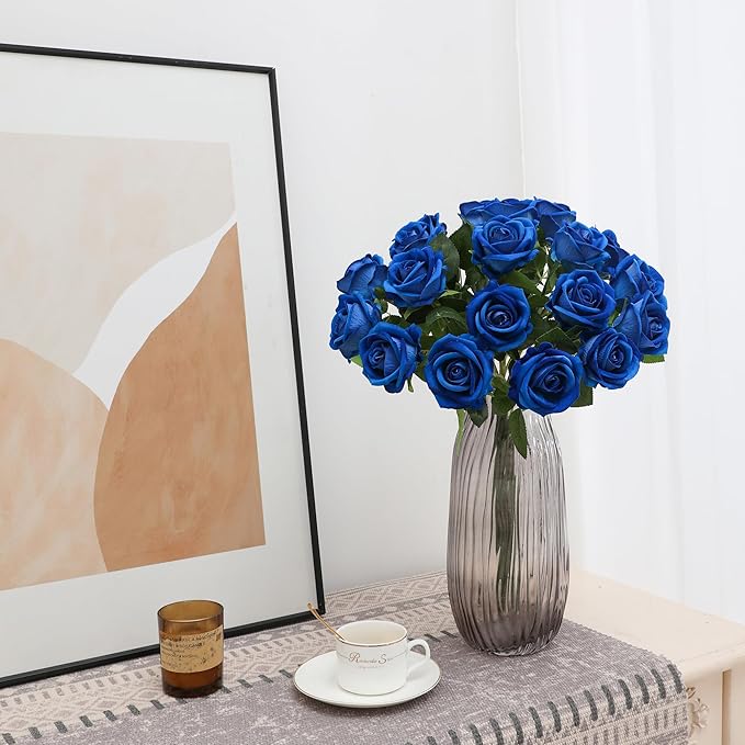 Hawesome Fake Roses Artificial Silk Flowers - 12 Pcs Blue Roses Artificial Faux Flowers with Stems for Home Wedding Centerpiece Hotel Office Decor