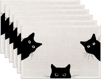 Black Cat Placemats Set of 6,Washable Heat Resistant 12×18 Inch Linen Table Mats Cute Place Mats for Party Outdoor Dining Décor