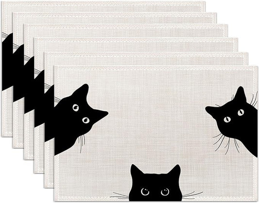 Black Cat Placemats Set of 6,Washable Heat Resistant 12×18 Inch Linen Table Mats Cute Place Mats for Party Outdoor Dining Décor