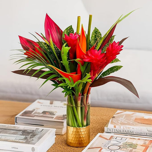 BloomsyBox: Tropical Bouquet Treasure with Bright Heliconias, Red Ginger and Tropical Greener | Fresh Cut Flowers, Hand-Tied, Farm Fresh Flowers Bouquet | Perfect for any special occasion | No Vase