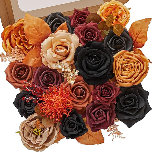 Serwalin Fall Flowers Vintage Orange & Black Artificial Flowers Halloween Black Wedding Flowers Combo for Wedding Bouquets Centerpieces Flower Arrangements Decorations
