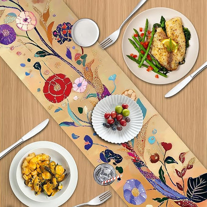 Elegant Floral Table Runner with Gold Accents – 13x72 Inch Linen-Look Fabric for Dining Table, Festive & Holiday Decor, Wedding, Christmas, and Everyday Home Use