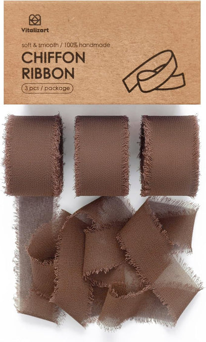 Vitalizart Brown Chiffon Silk Ribbon 1" x 21 Yd Fringe Fabric Package (3 Rolls * 7 Yd) for Wedding Invitations Bridal Bouquets Decorations Gifts Wrapping & Bow Making