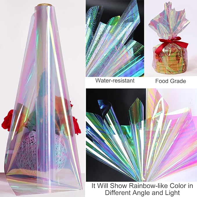 34 in x 66 Ft Iridescent Cellophane Wrap Roll - Extra Wide Cellophane Paper - Iridescent Transparent Cellophane Roll Plastic Wrap for Gift Baskets, Treats, Crafts, Party & Christmas Gift Wrapping