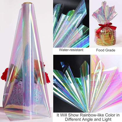34 in x 66 Ft Iridescent Cellophane Wrap Roll - Extra Wide Cellophane Paper - Iridescent Transparent Cellophane Roll Plastic Wrap for Gift Baskets, Treats, Crafts, Party & Christmas Gift Wrapping