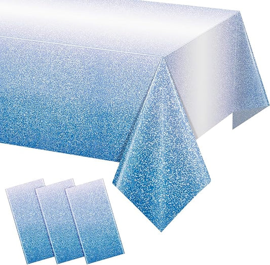 FunnyPars 3 Pack Ombre Blue Plastic Tablecloth for Parties, Gradient Pastel Blue Disposable Tablecloths for Rectangle Tables, Sprinkle Table Cover for Wedding Birthday Anniversary Party, 54 x 108Inch