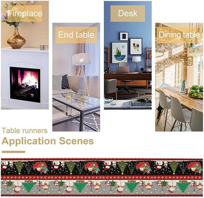 Christmas Table Runner,Cartoon Snowman Tree Xmas Deer Elk Santa Claus Print Tablecloth Burlap for Hotel Indoors Outdoor Dining Room Kitchen Home Decor,W13X L70 in