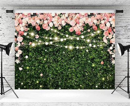 5x3ft Flower Wall Backdrop Pink Rose Floral Blossom Green Leaves Photography Background Women Girls Birthday Party Wedding Banner Decorations Portraits Supplies Photo Booth Props