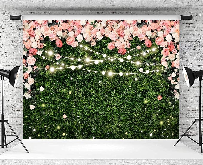 6x4ft Flower Wall Backdrop Pink Rose Floral Blossom Green Leaves Photography Background Women Girls Birthday Party Wedding Banner Decorations Portraits Supplies Photo Booth Props