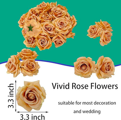 Artificial Satin Rose Flower Heads,48 Pcs Silk Rose Heads with Stems,3.3'' Rose Artificial Flowers Bulk,Artificial Rose Flower Heads for DIY Crafts Bouquet (48, Toffee)