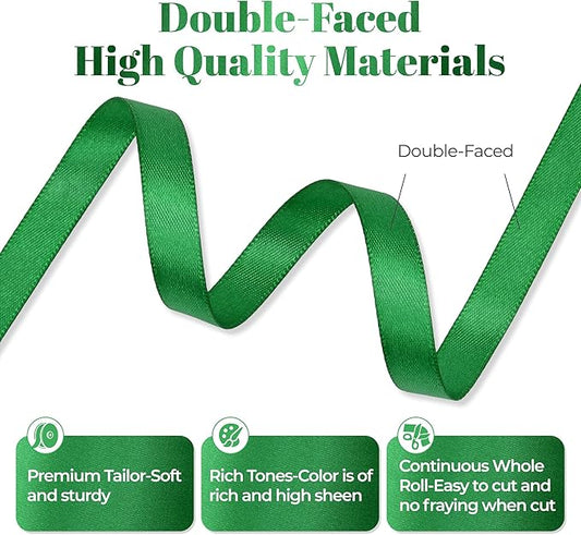 Green Satin Ribbon, Double Faced 3/8 Inch X 50 Yards Green Ribbon, Premium Satin Ribbon for Gift Wrapping, Crafts, Hair Bow Making, Sewing, Flower Bouquet, Wedding Party Decor