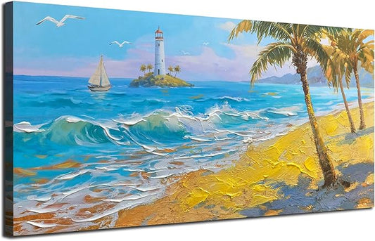 Brushart Beach Canvas Wall Art for Living Room Large, Coastal Bedroom Picture, Painting Wall Decor Ocean Textured Artwork for Walls Home Office 48"x24"