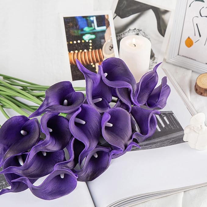 DuHouse 20Pcs Artificial Calla Lily Flower Real Touch Latex Flowers for DIY Wedding Bouquet Party Home Decor (Dark Purple)