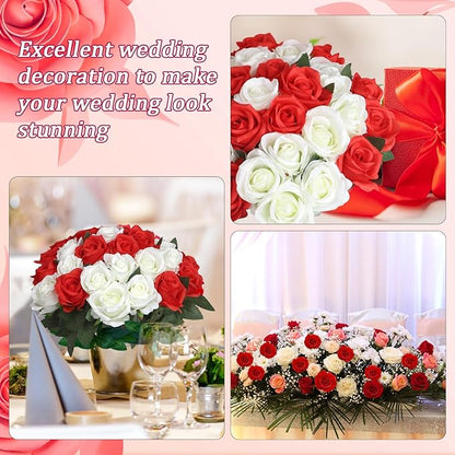 30pcs Fake Roses Artificial Silk Flowers Long Stems Bouquet for Wedding Bridal Shower Party Home Decoration (White + Red)