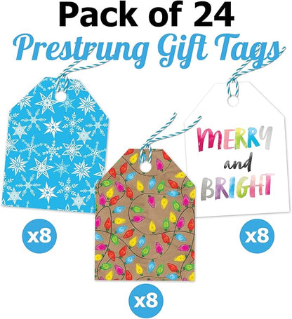 Pro Supply Global 24 Count of 2.5 Inch x 3 Inch Pre Strung Chirstmas Lights Gift Tag Assorted Printed Designs on Large Cardstock Gift Hang Tags - Ideal to Use on Bags