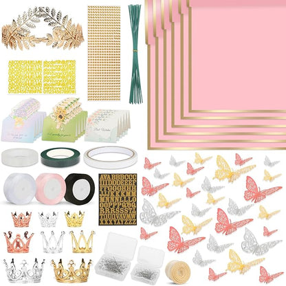 260Pcs Flower Bouquet Wrapping Paper Kit, 60 Sheets Pink Waterproof Paper, 36 Butterflies, 8 Crowns, 1 Headband, 4 Ribbons, 15 Cards, 100 Diamond Pins, 30 Floral Wire, 3 Stickers, 3 Tapes (Pink)