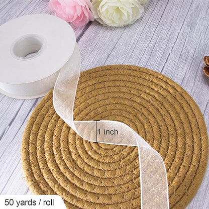 Sheer Organza Ribbon 1 Inch Chiffon Ribbons for Gift Wrapping, Flower Bouquet, 50 Yards/Roll (White)