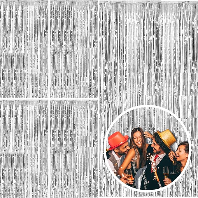 5 Pack Silver Backdrop Curtain Party Decorations Foil Fringe Backdrop Silver Tinsel Streamers Birthday Bachelorette New Year Christmas Wedding Baby Shower Disco Party Decorations